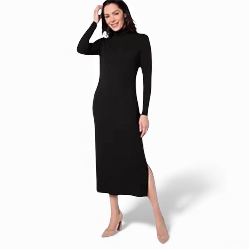 Women with Control Midi Dress Sz LP Black Regular Finespun Jersey Tummy Control